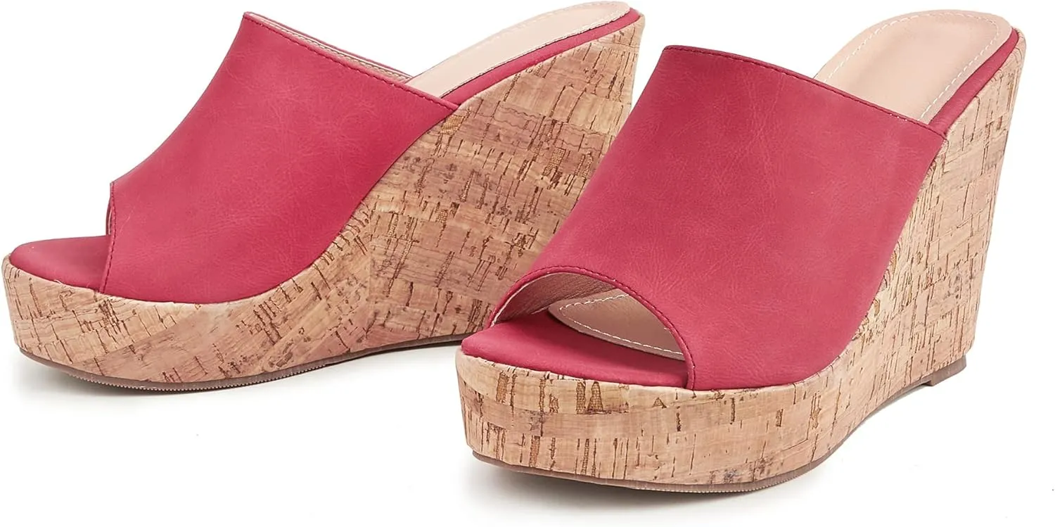 LizFoYa Women Peep Toe Slide Sandal Wedge High Heels Summer Beach Cork Platform Wedge Dressy Slipper Heels
