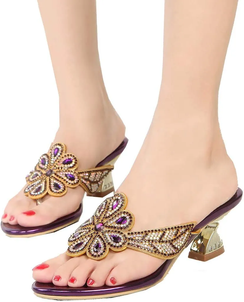 LizFoYa Women Slip On Heeled Sandals Crystals Dress Sandals Floral T-Strap Metallic Heels