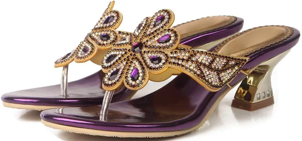 LizFoYa Women Slip On Heeled Sandals Crystals Dress Sandals Floral T-Strap Metallic Heels