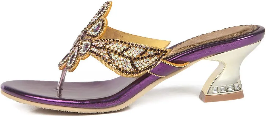 LizFoYa Women Slip On Heeled Sandals Crystals Dress Sandals Floral T-Strap Metallic Heels