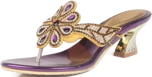 LizFoYa Women Slip On Heeled Sandals Crystals Dress Sandals Floral T-Strap Metallic Heels