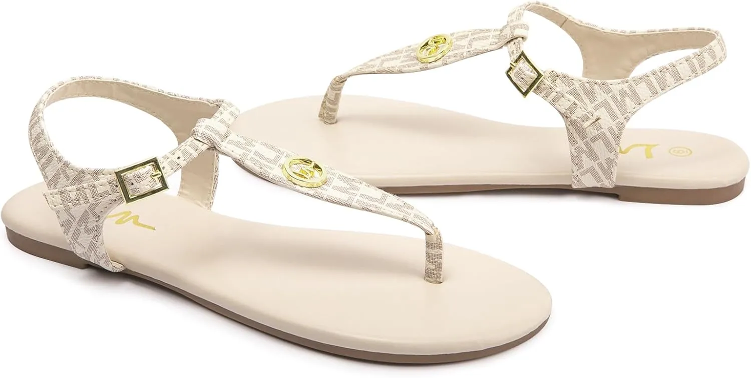 LM Women's Thong Sandals T-Strap Sandals Adjustable Ankle Buckle Dressy Thong Flat Sandals Casual Summer Sandals