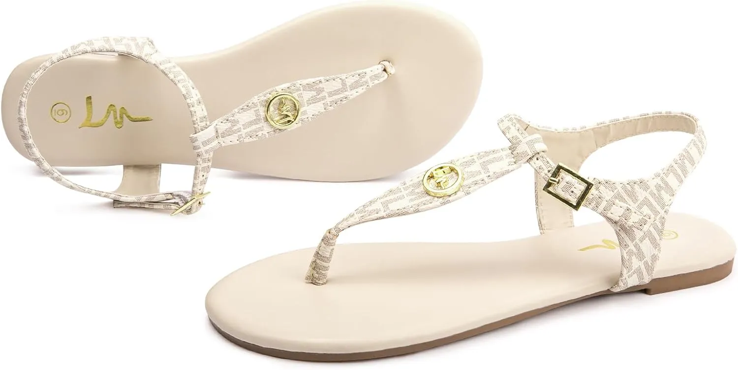 LM Women's Thong Sandals T-Strap Sandals Adjustable Ankle Buckle Dressy Thong Flat Sandals Casual Summer Sandals