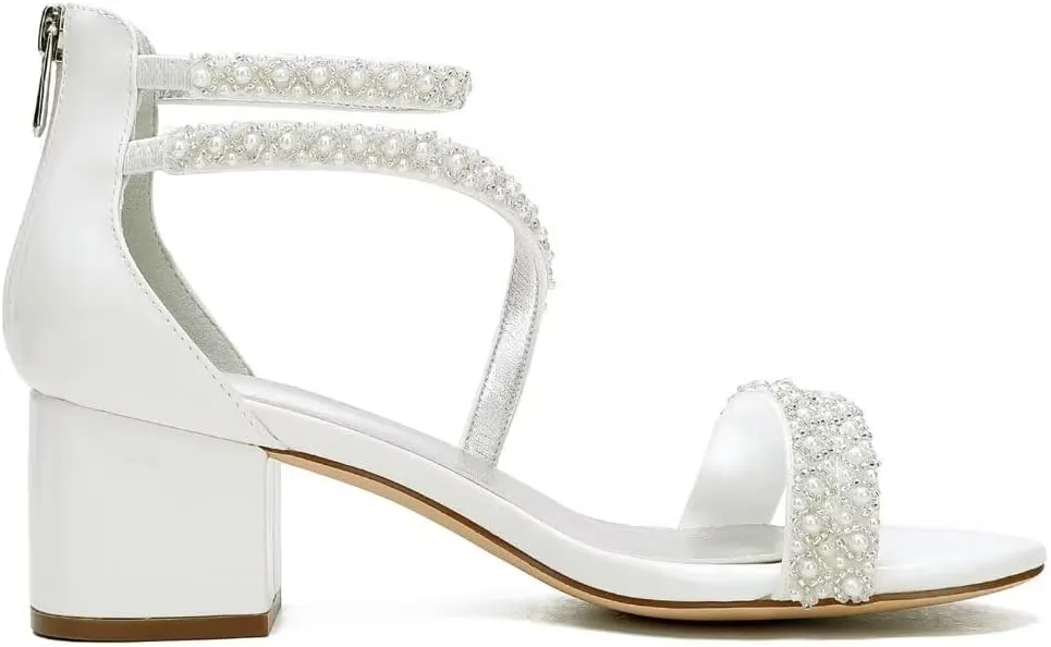 Low Block Heel Wedding Sandals for Bride Open Toe Wedding Shoes Pearl Wedding Heels Bridal Shoes