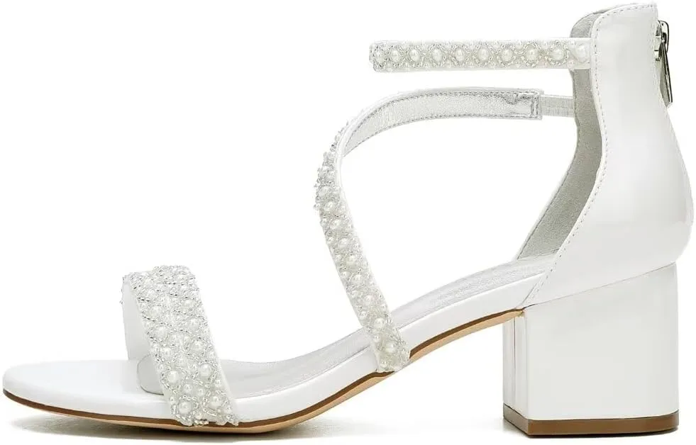 Low Block Heel Wedding Sandals for Bride Open Toe Wedding Shoes Pearl Wedding Heels Bridal Shoes