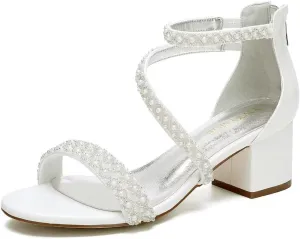 Low Block Heel Wedding Sandals for Bride Open Toe Wedding Shoes Pearl Wedding Heels Bridal Shoes
