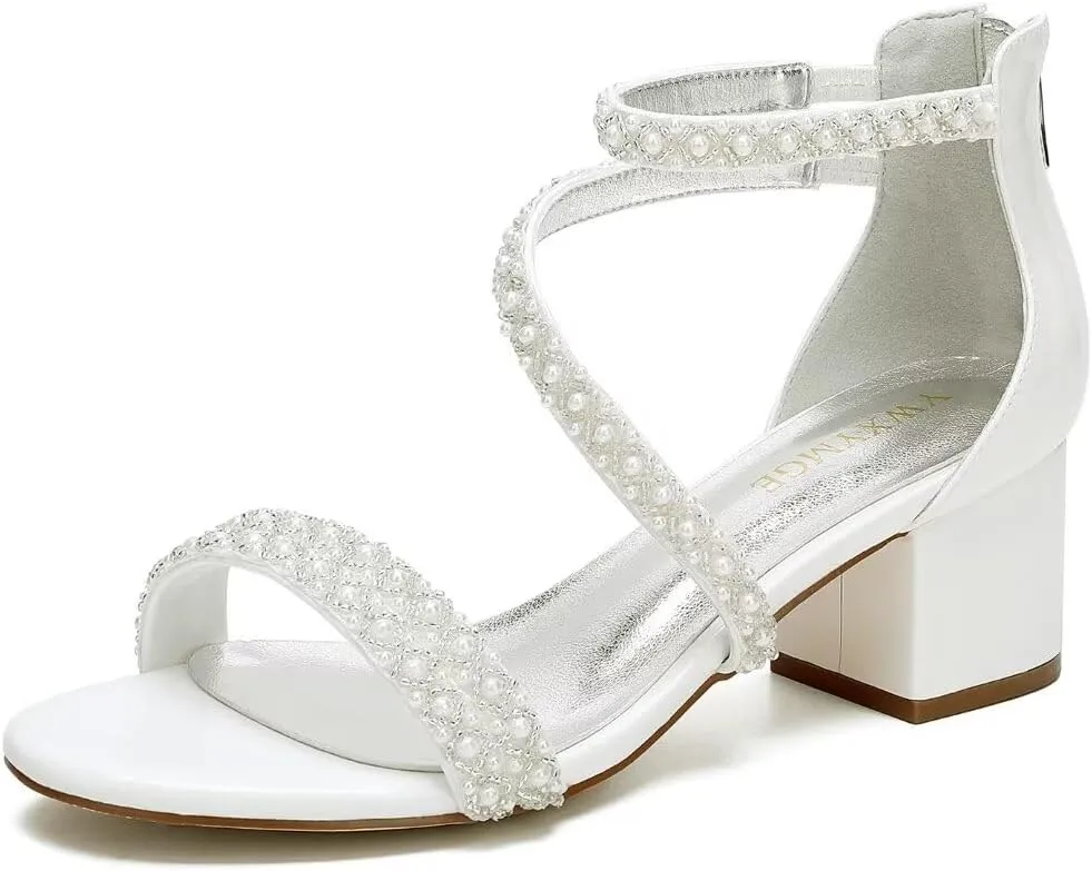 Low Block Heel Wedding Sandals for Bride Open Toe Wedding Shoes Pearl Wedding Heels Bridal Shoes
