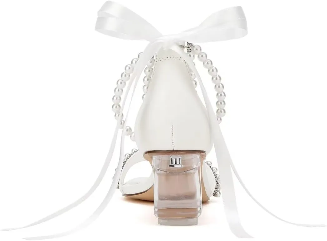 Low Block Heel Wedding Sandals Square Open Toe Clear Heels Bow Bridal Shoes Pearl Heels