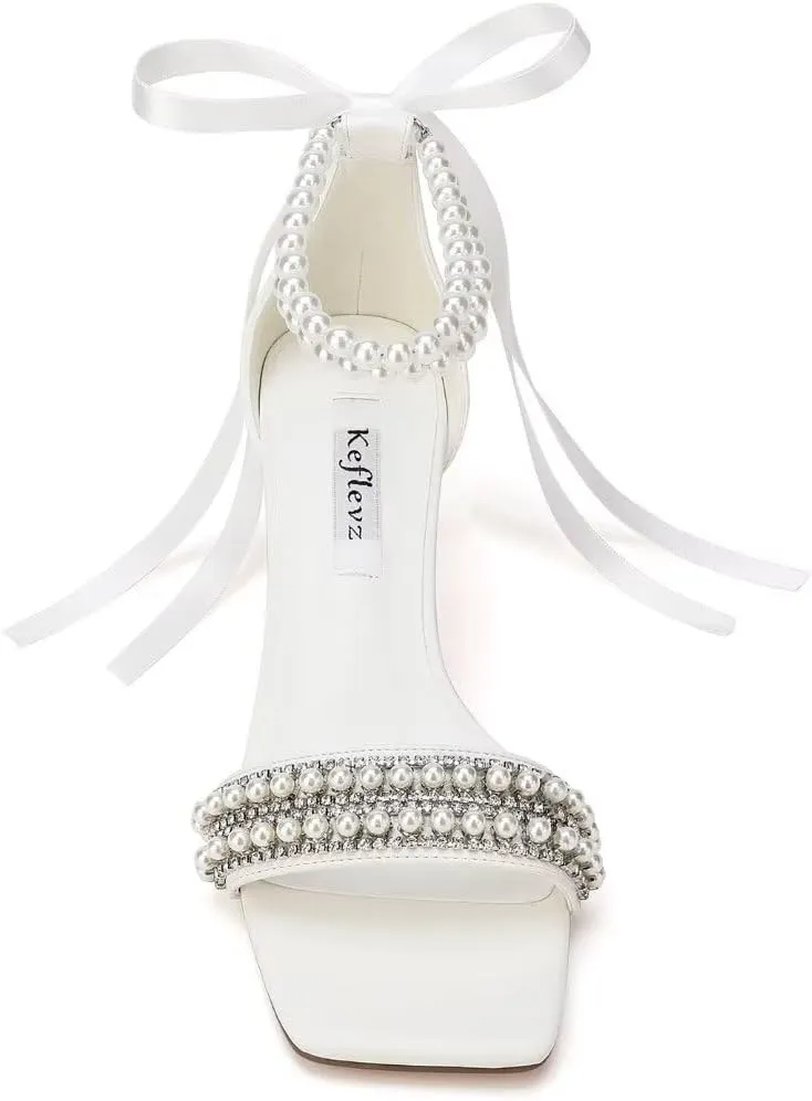 Low Block Heel Wedding Sandals Square Open Toe Clear Heels Bow Bridal Shoes Pearl Heels