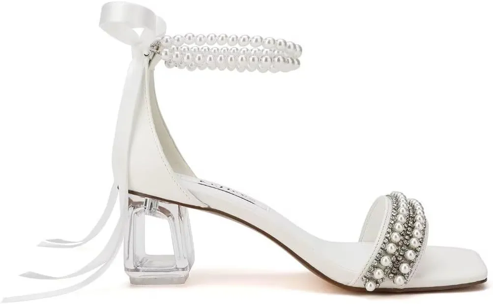 Low Block Heel Wedding Sandals Square Open Toe Clear Heels Bow Bridal Shoes Pearl Heels