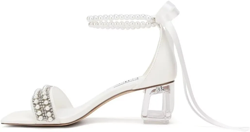 Low Block Heel Wedding Sandals Square Open Toe Clear Heels Bow Bridal Shoes Pearl Heels