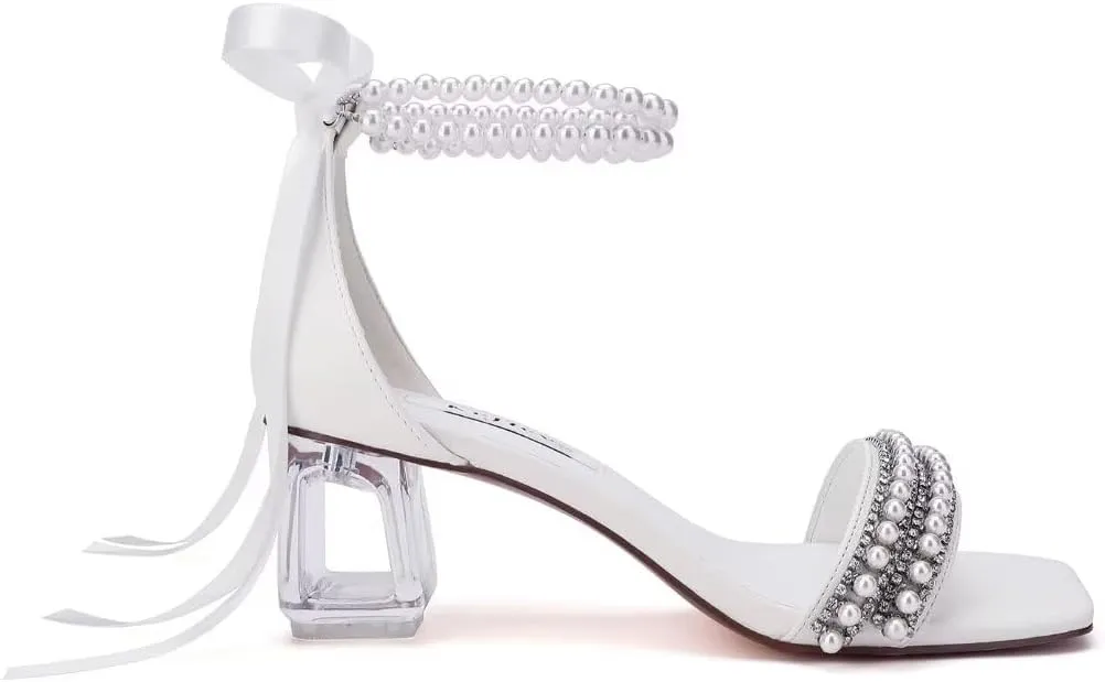 Low Block Heel Wedding Sandals Square Open Toe Clear Heels Bow Bridal Shoes Pearl Heels