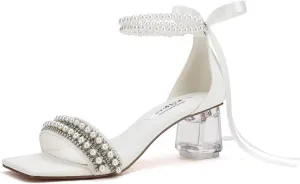 Low Block Heel Wedding Sandals Square Open Toe Clear Heels Bow Bridal Shoes Pearl Heels