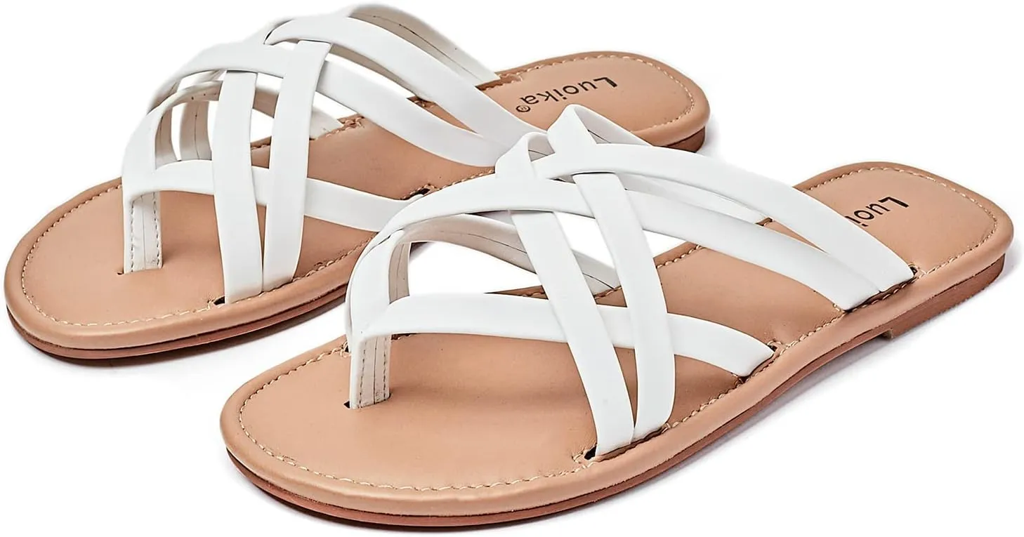 Luoika Women's Wide Width Flat Sandals, Flip Flop Slides Sandal Casual Strapy Sandal Slip on Summer Beach Shoes for Women.