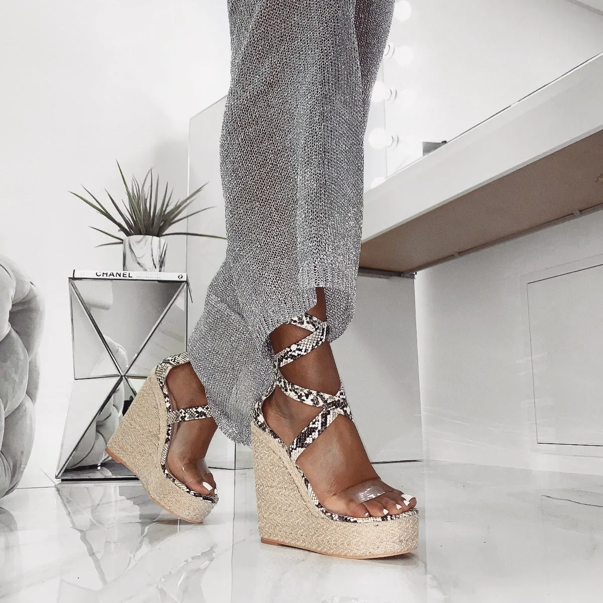 Malaya Beige Snake Lace Up Espadrille Wedge