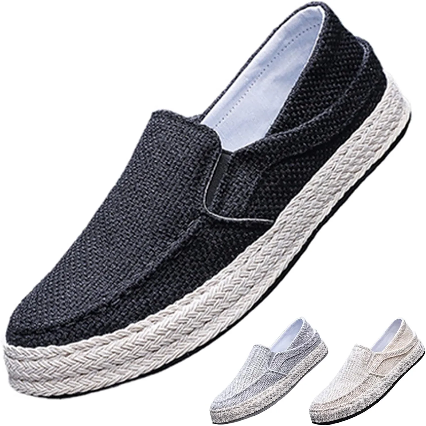 Men's Canvas Linen Comfortable Loafers Lightweight Breathable Non-Slip Slip On Round Toe Casual Flat Espadrilles for Walking Driving