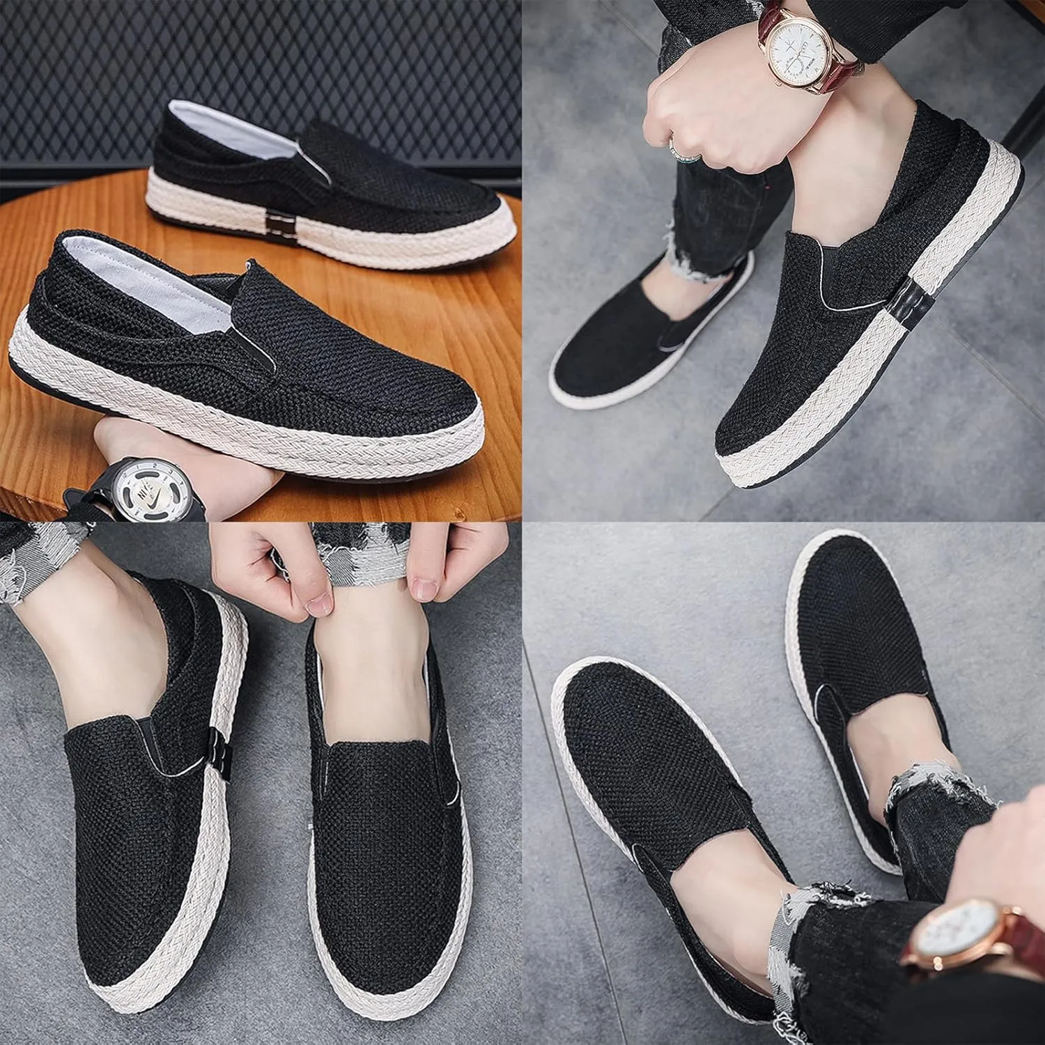 Men's Canvas Linen Comfortable Loafers Lightweight Breathable Non-Slip Slip On Round Toe Casual Flat Espadrilles for Walking Driving