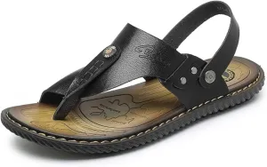 Mens Casual Outdoor Sandals Flip Flops Thong Leather Slip On Two uses Toe Ring Beach Shoes