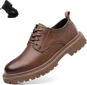 Men's Genuine Leather Lace-Up Vintage Oxfords,Fashion Round Toe Casual Brogue Dress Shoes, Comfortable Non-Slip Low Top Business Work Shoes