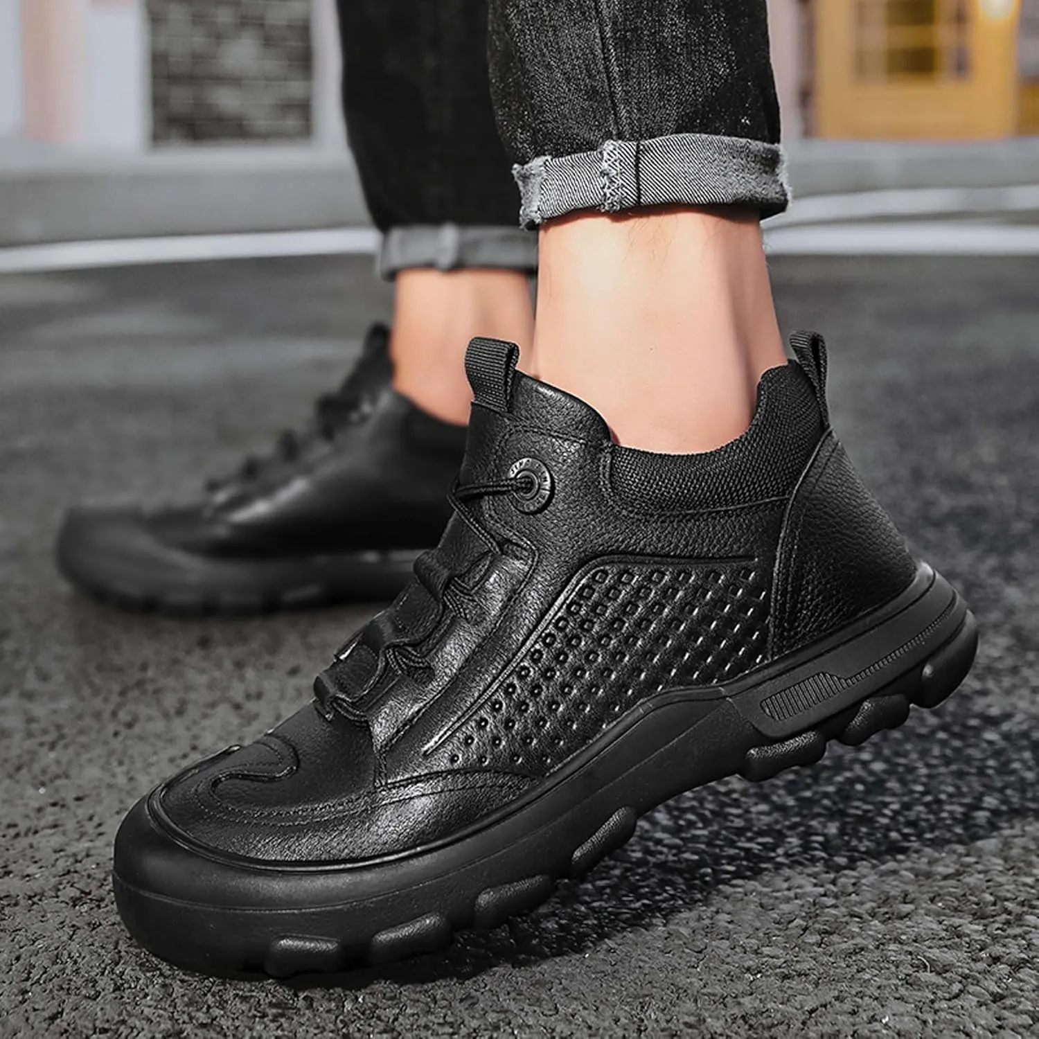 Men's Walking Shoes Outdoor Non-slip Climbing Shoes Cowhide Waterproof Cross-country Travel Shoes Fashion Lace-up Casual Sneakers Classic Business Office Shoes