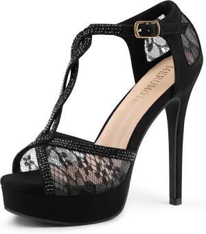 MEROMOTE Women's Peep Toe Platform 5 inch Stiletto Heels Ankle Strap Lace Heels Sexy Prom Shoes