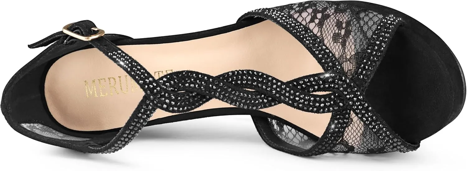 MEROMOTE Women's Peep Toe Platform 5 inch Stiletto Heels Ankle Strap Lace Heels Sexy Prom Shoes