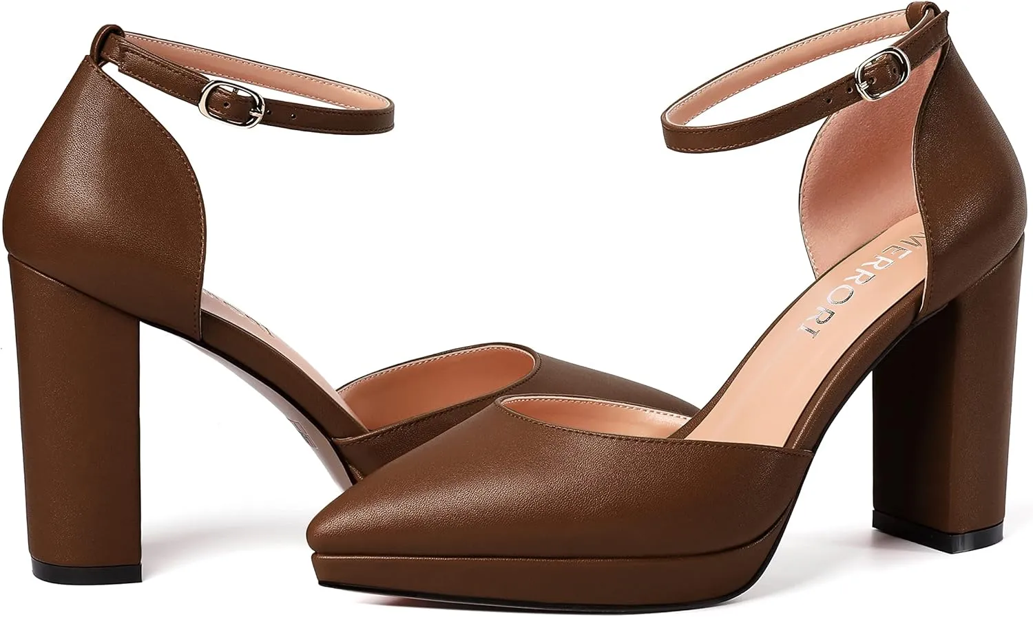 MERRORI Womens Ankle Strap Matte Dress Pointed Toe Evening Buckle Platform Chunky High Heel Pumps Shoes 4 Inch