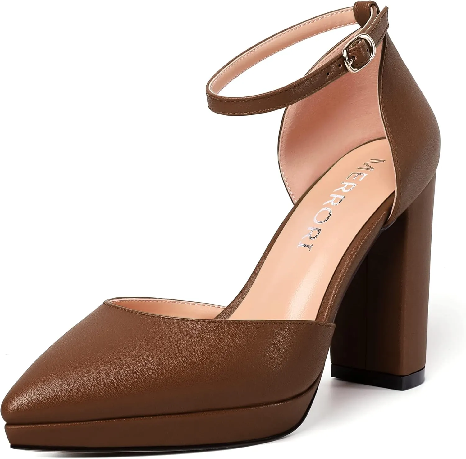 MERRORI Womens Ankle Strap Matte Dress Pointed Toe Evening Buckle Platform Chunky High Heel Pumps Shoes 4 Inch