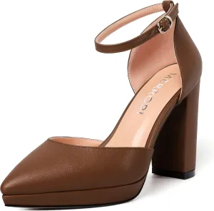 MERRORI Womens Ankle Strap Matte Dress Pointed Toe Evening Buckle Platform Chunky High Heel Pumps Shoes 4 Inch