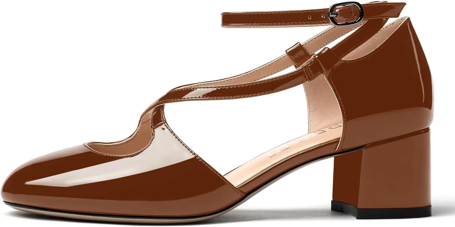 MERRORI Women's Block Buckle Ankle Strap Low Heel Pumps Patent Round Toe Solid Block Shoes 2 Inch
