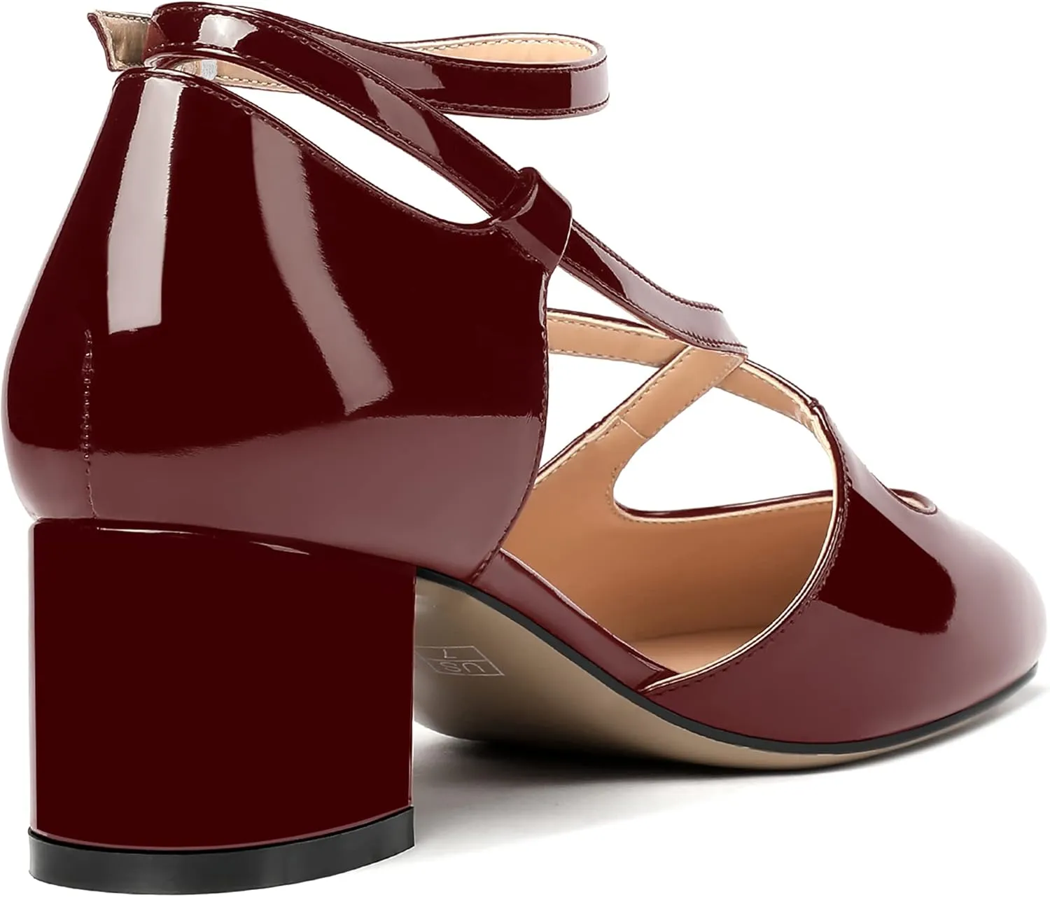 MERRORI Women's Block Buckle Ankle Strap Low Heel Pumps Patent Round Toe Solid Block Shoes 2 Inch