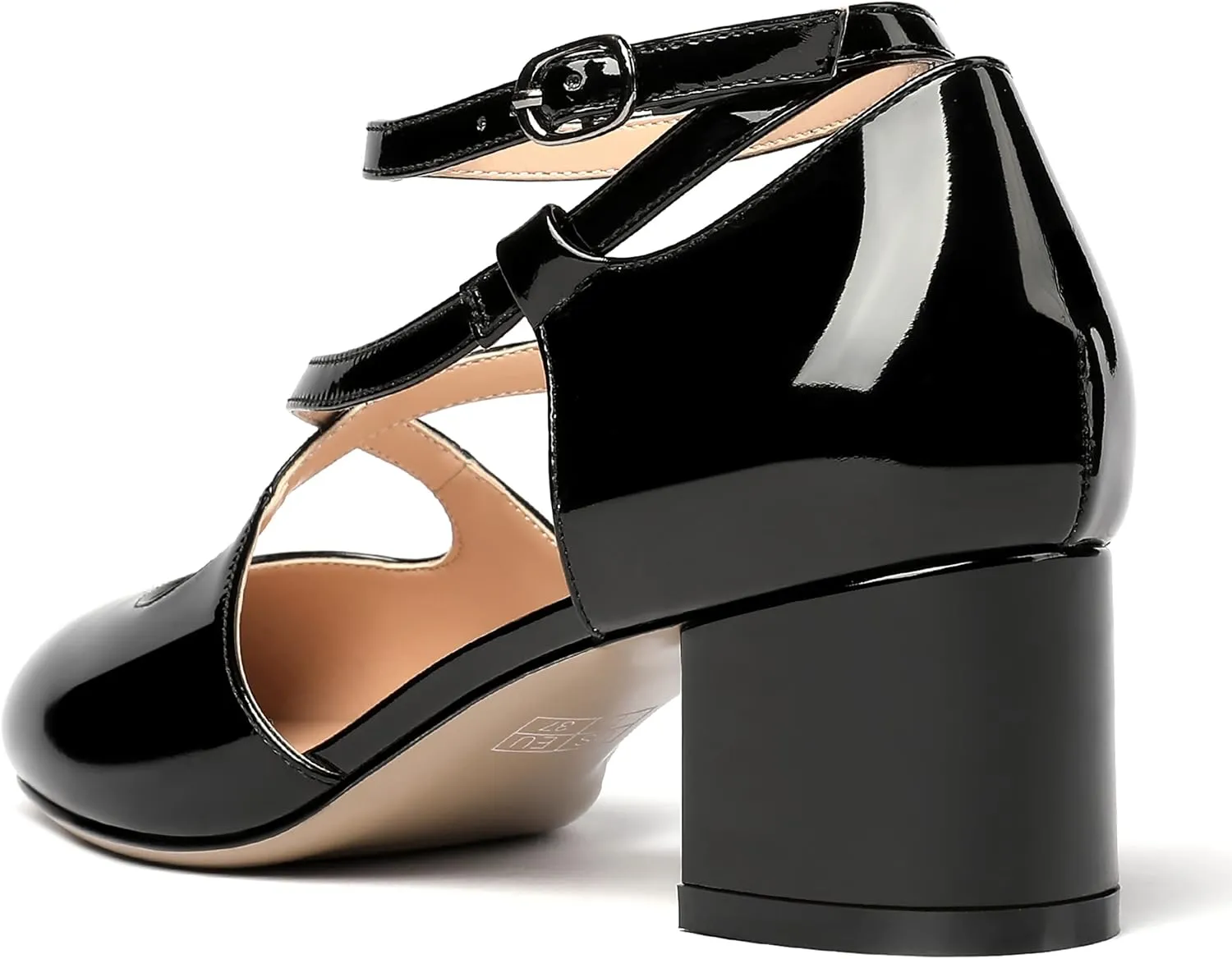 MERRORI Women's Block Buckle Ankle Strap Low Heel Pumps Patent Round Toe Solid Block Shoes 2 Inch