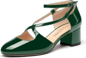 MERRORI Women's Block Buckle Ankle Strap Low Heel Pumps Patent Round Toe Solid Block Shoes 2 Inch