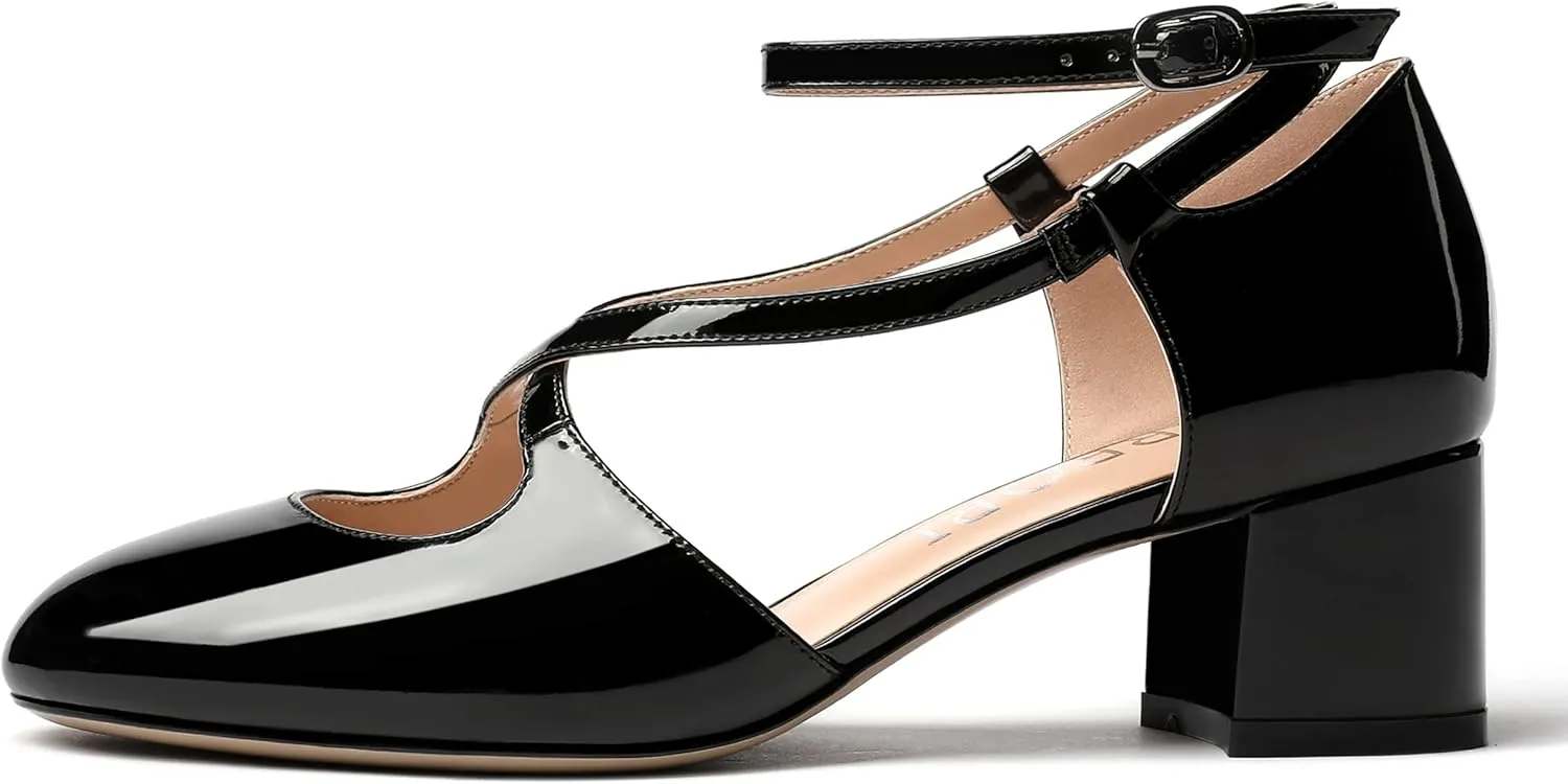 MERRORI Women's Block Buckle Ankle Strap Low Heel Pumps Patent Round Toe Solid Block Shoes 2 Inch