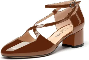MERRORI Women's Block Buckle Ankle Strap Low Heel Pumps Patent Round Toe Solid Block Shoes 2 Inch