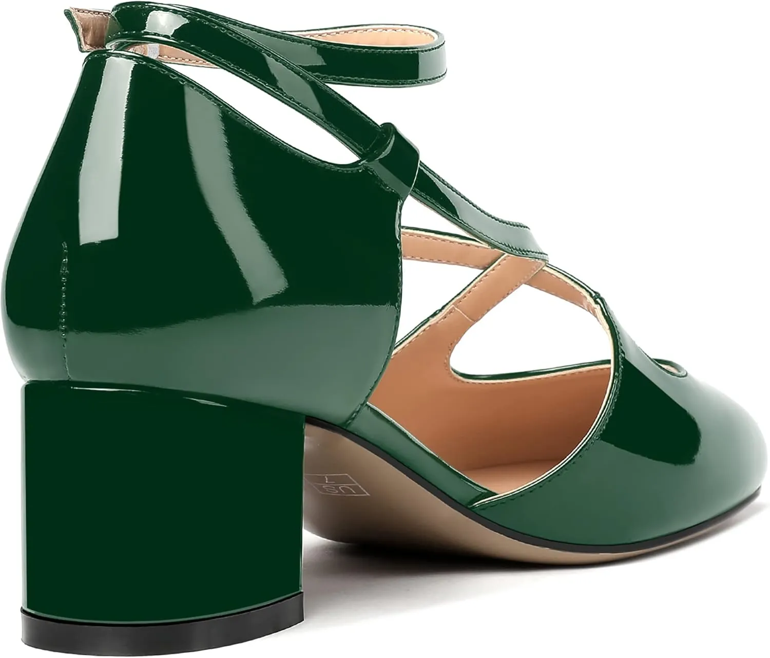 MERRORI Women's Block Buckle Ankle Strap Low Heel Pumps Patent Round Toe Solid Block Shoes 2 Inch