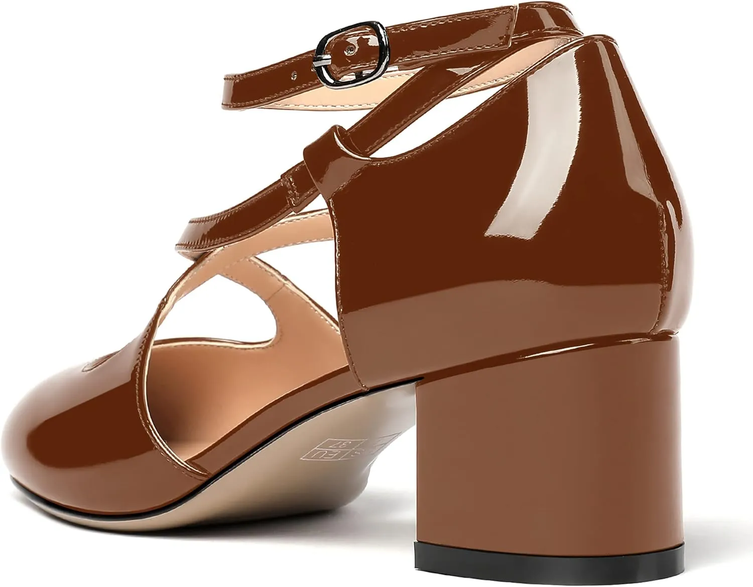 MERRORI Women's Block Buckle Ankle Strap Low Heel Pumps Patent Round Toe Solid Block Shoes 2 Inch
