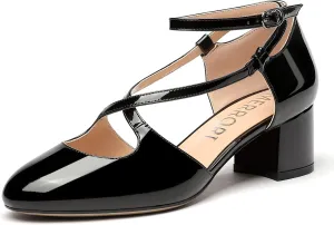 MERRORI Women's Block Buckle Ankle Strap Low Heel Pumps Patent Round Toe Solid Block Shoes 2 Inch