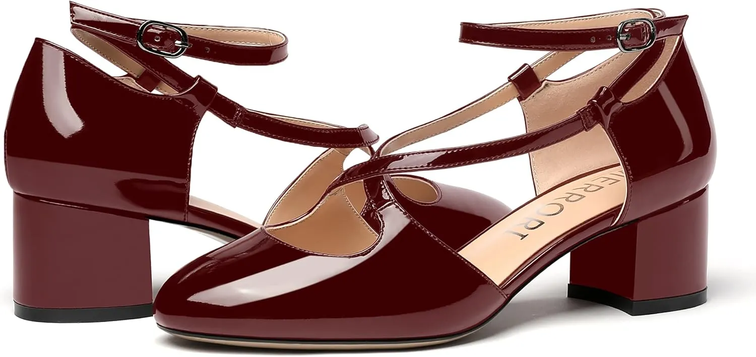 MERRORI Women's Block Buckle Ankle Strap Low Heel Pumps Patent Round Toe Solid Block Shoes 2 Inch