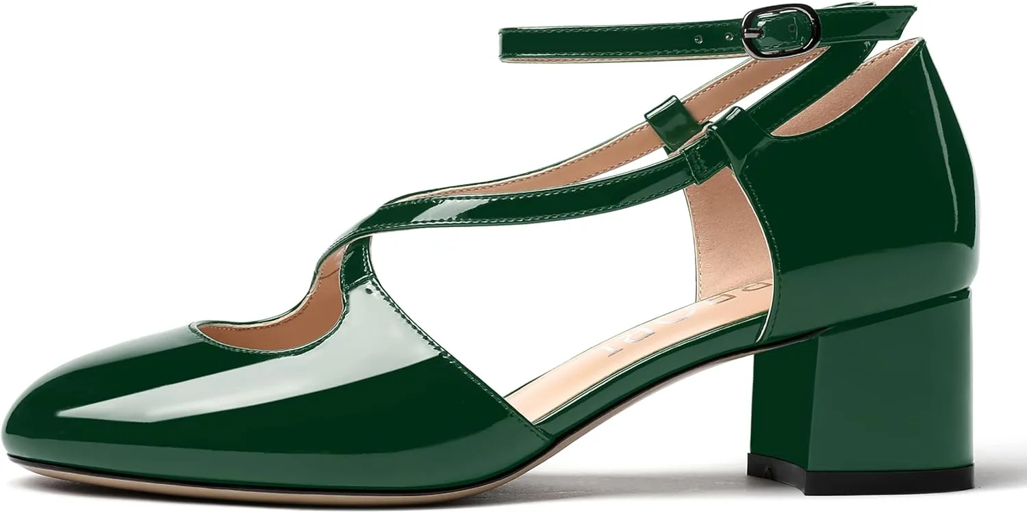 MERRORI Women's Block Buckle Ankle Strap Low Heel Pumps Patent Round Toe Solid Block Shoes 2 Inch
