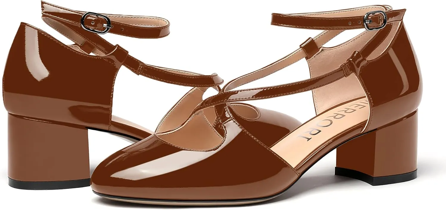 MERRORI Women's Block Buckle Ankle Strap Low Heel Pumps Patent Round Toe Solid Block Shoes 2 Inch