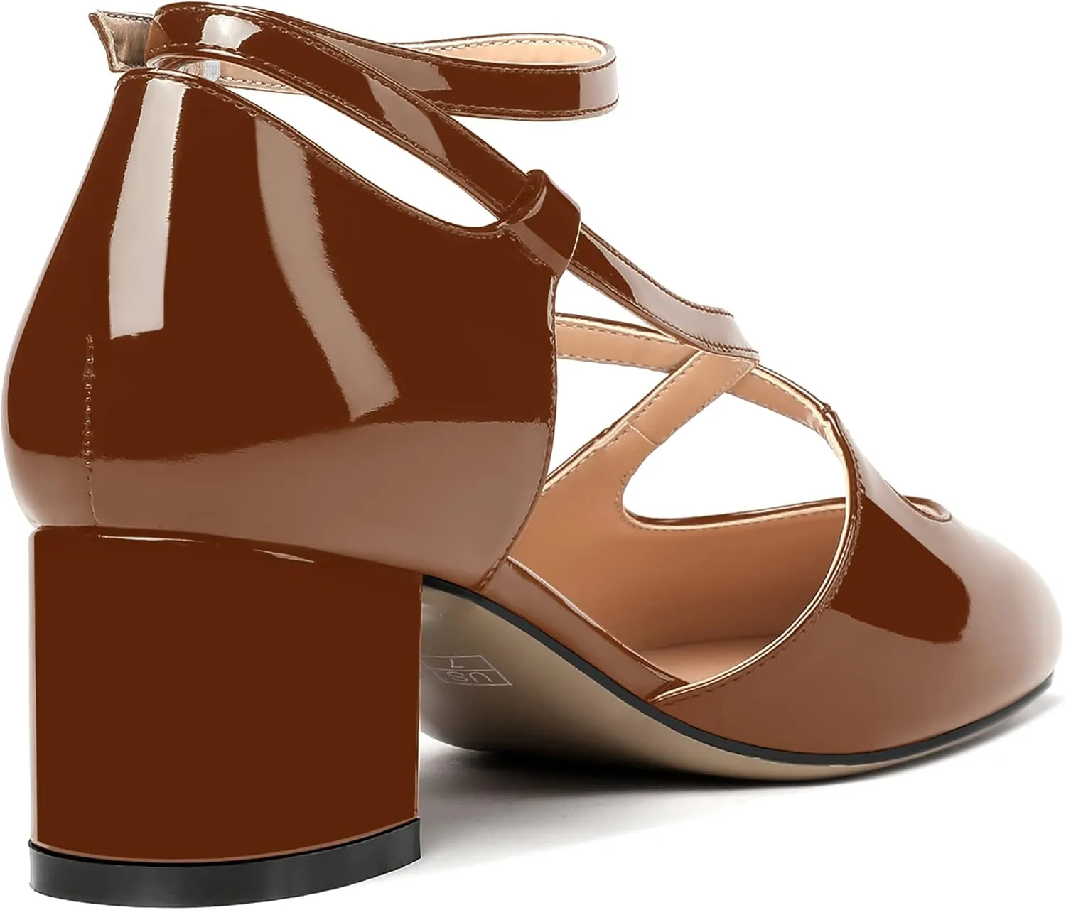 MERRORI Women's Block Buckle Ankle Strap Low Heel Pumps Patent Round Toe Solid Block Shoes 2 Inch