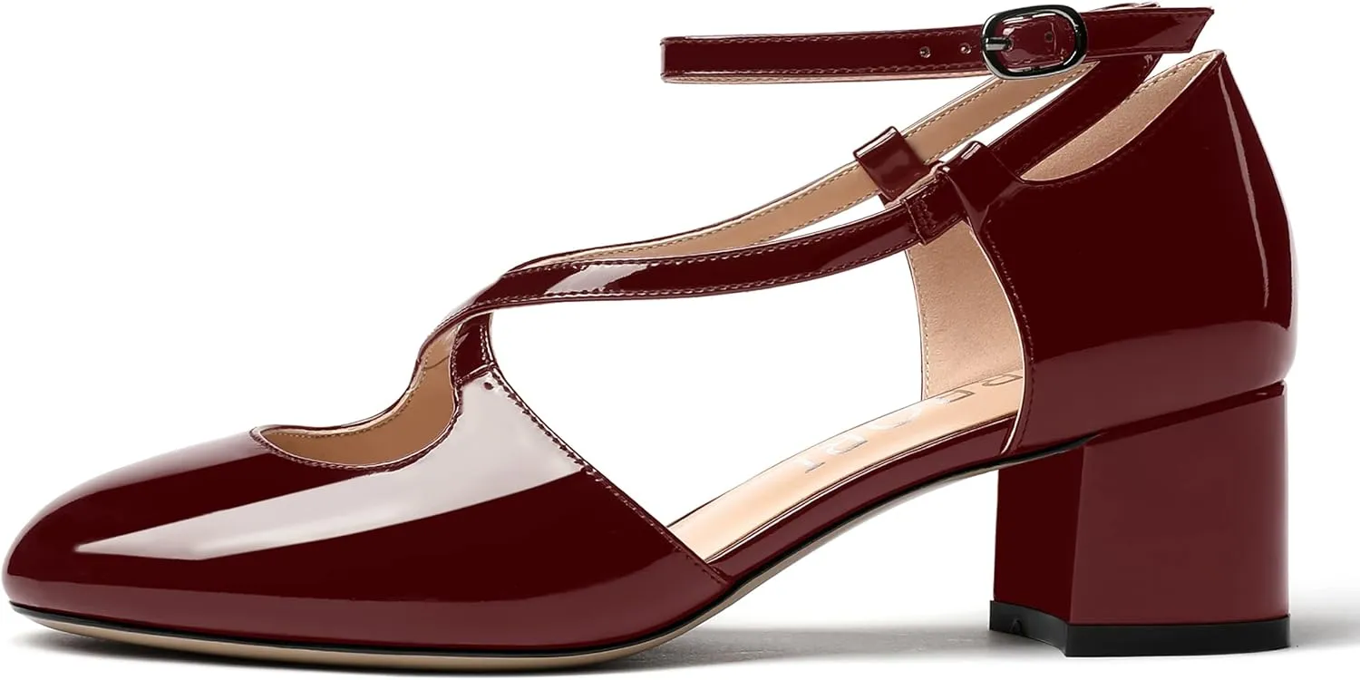 MERRORI Women's Block Buckle Ankle Strap Low Heel Pumps Patent Round Toe Solid Block Shoes 2 Inch