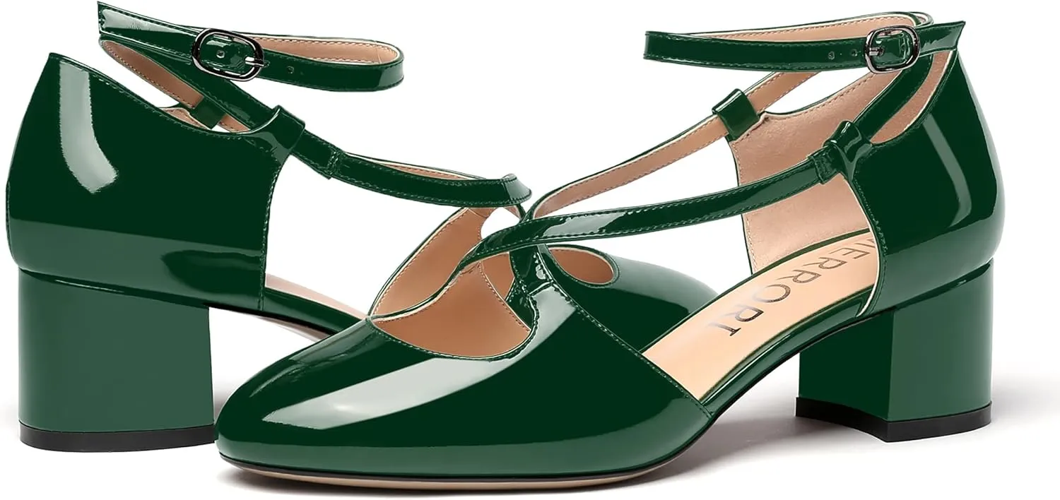 MERRORI Women's Block Buckle Ankle Strap Low Heel Pumps Patent Round Toe Solid Block Shoes 2 Inch