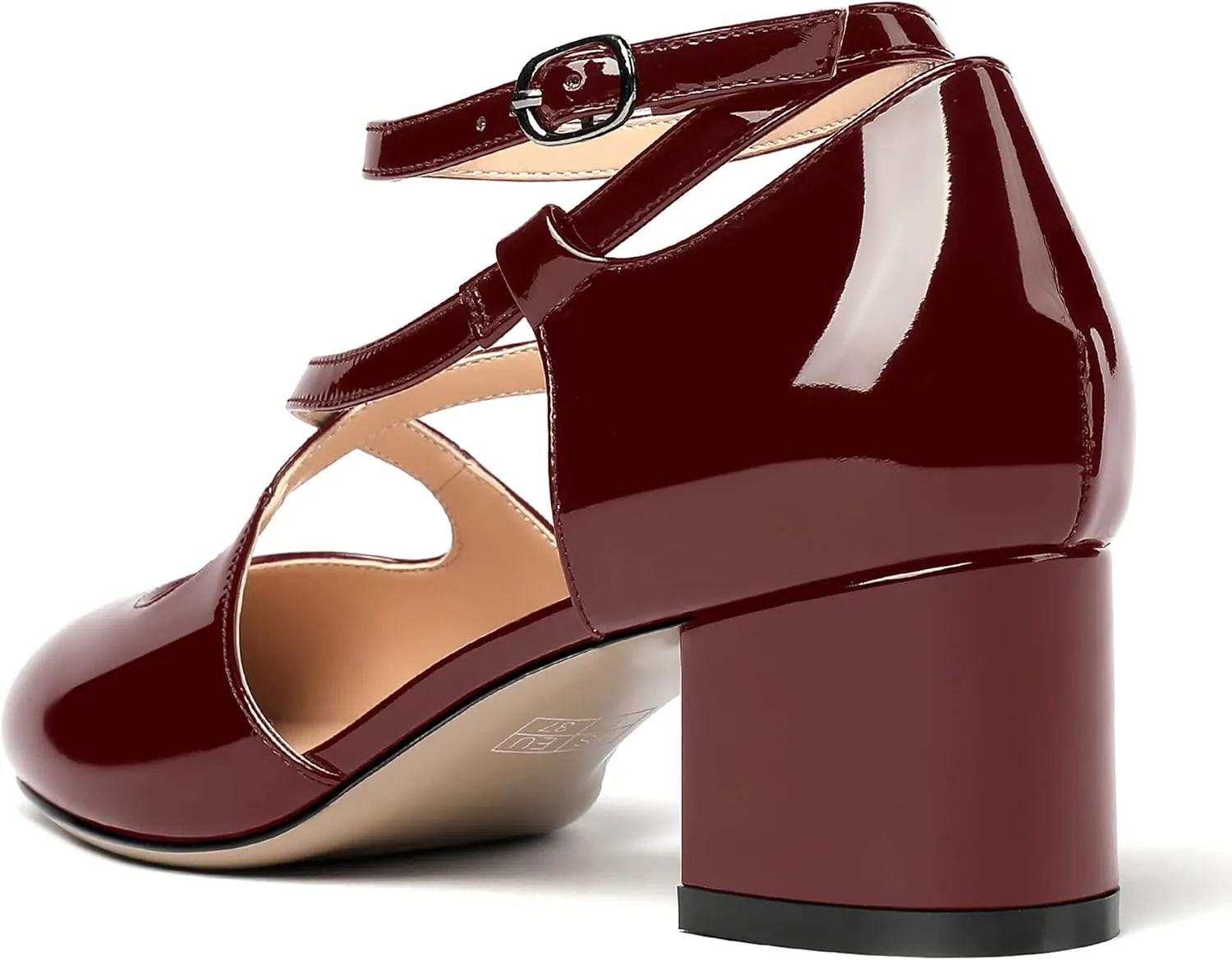 MERRORI Women's Block Buckle Ankle Strap Low Heel Pumps Patent Round Toe Solid Block Shoes 2 Inch