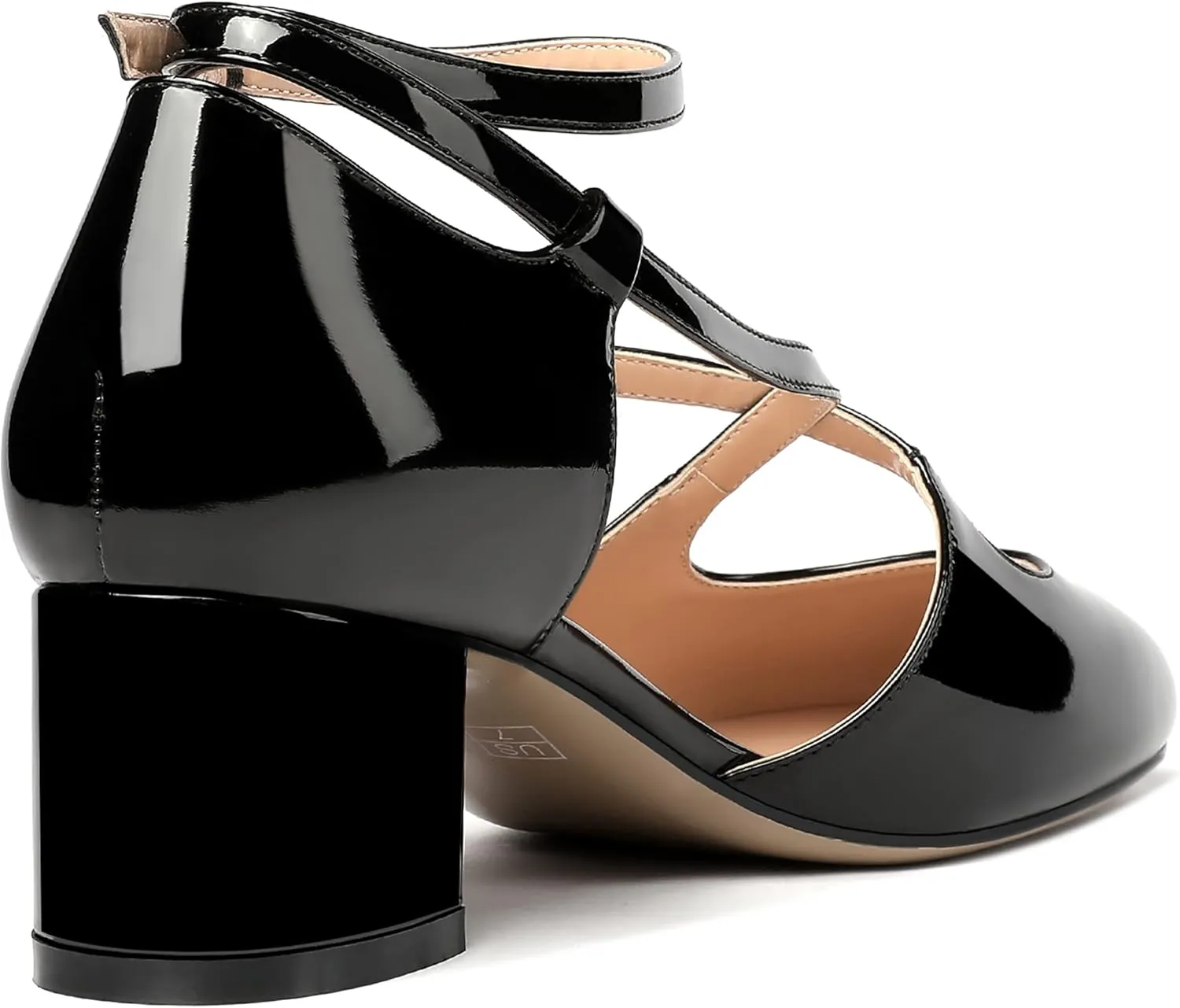 MERRORI Women's Block Buckle Ankle Strap Low Heel Pumps Patent Round Toe Solid Block Shoes 2 Inch