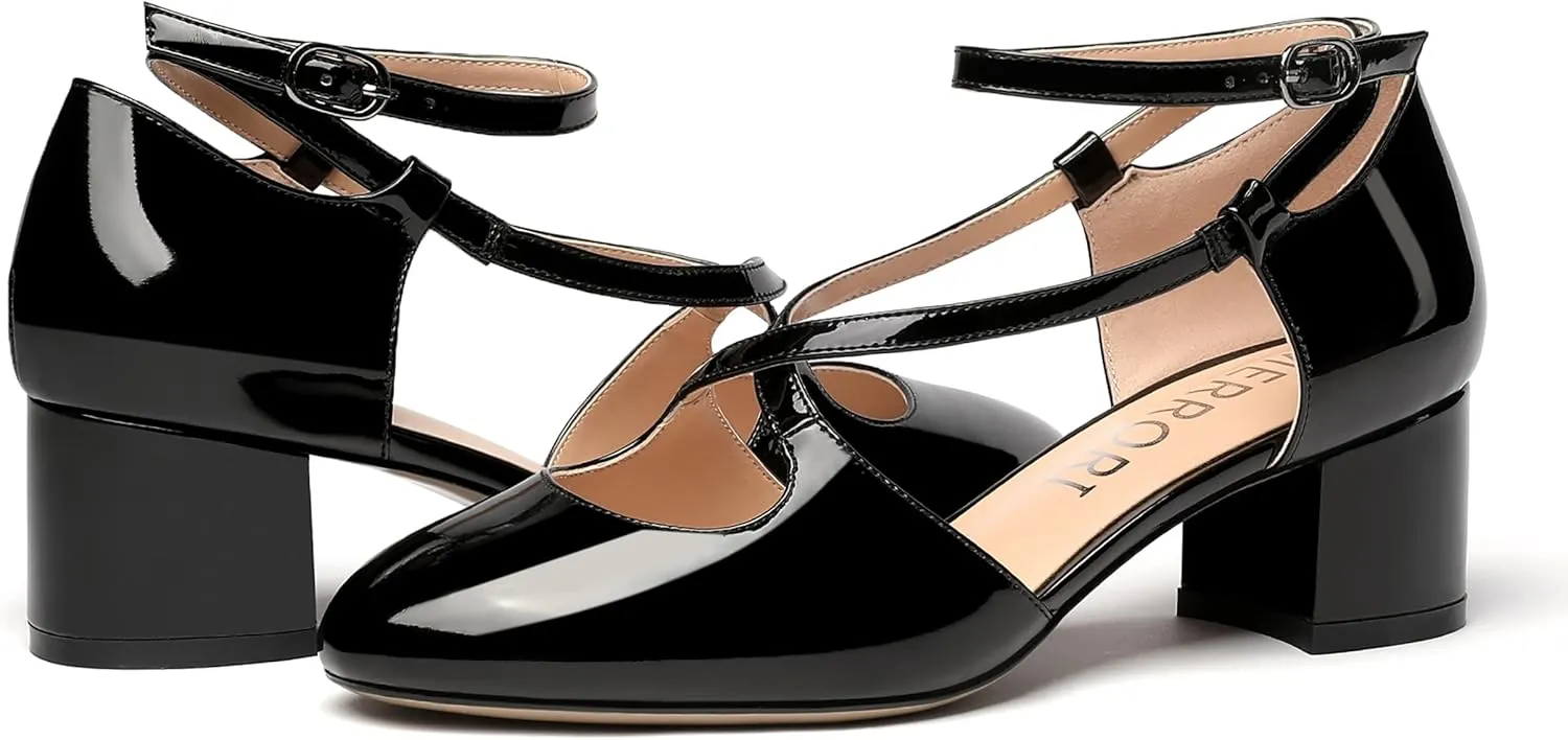 MERRORI Women's Block Buckle Ankle Strap Low Heel Pumps Patent Round Toe Solid Block Shoes 2 Inch