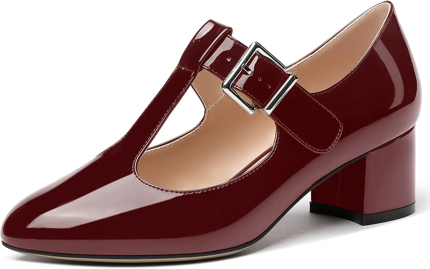 MERRORI Women's Buckle Round Toe T Strap Block Solid Patent Block Low Heel Pumps Shoes 2 Inch
