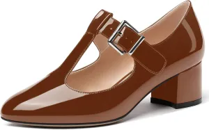 MERRORI Women's Buckle Round Toe T Strap Block Solid Patent Block Low Heel Pumps Shoes 2 Inch