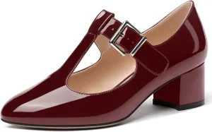 MERRORI Women's Buckle Round Toe T Strap Block Solid Patent Block Low Heel Pumps Shoes 2 Inch